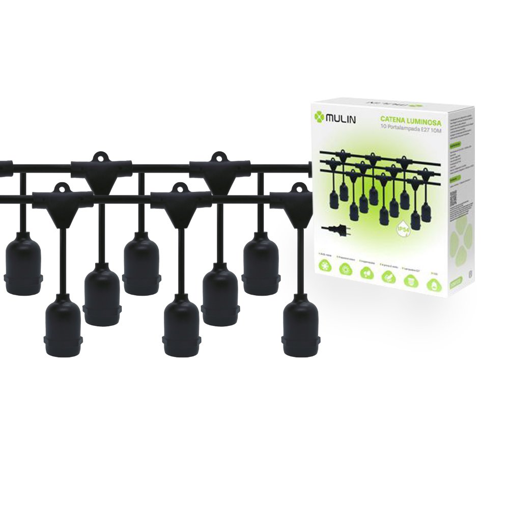 Catena luminosa con 10 portalampade E27 da esterno